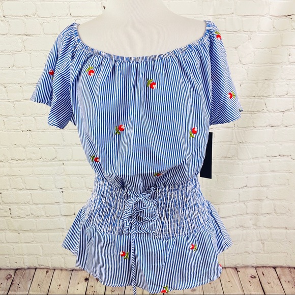 NEW Blue White Stripe Embroidered Peasant Blouse - Picture 7 of 15